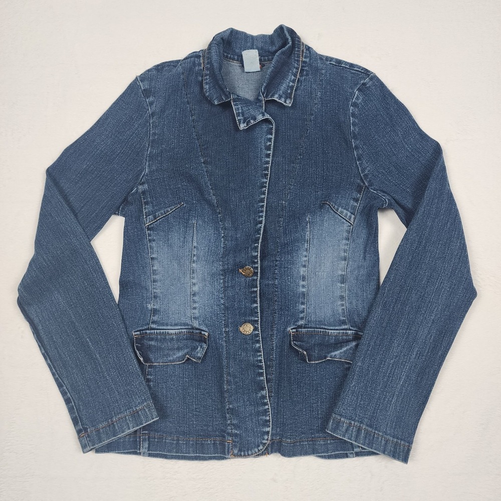 Monteau‎ Denim Jacket Womens Large Blue Stretch Jean Button Front Made USA